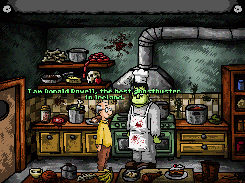 Donald Dowell and the Ghost of Barker Manor (Windows) screenshot: A little hint: play the whole game and watch the credits - you'll see a bit more about why doesn't this kitchen meet any health code standards.