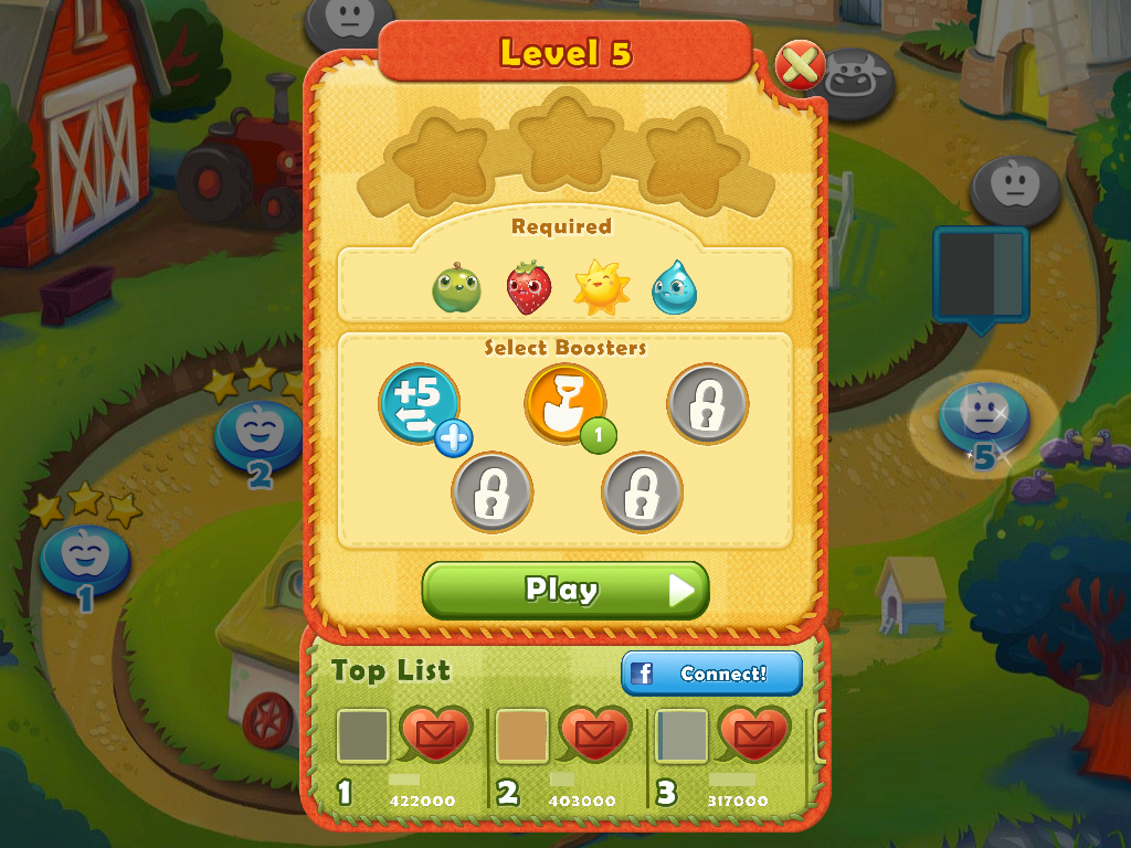 Farm Heroes Saga (iPad) screenshot: Starting level 5 and we have a new booster, the shovel. (pictures and names blurred for privacy)