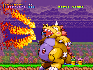Harmful Park (PlayStation) screenshot: The first boss... spitting fire.