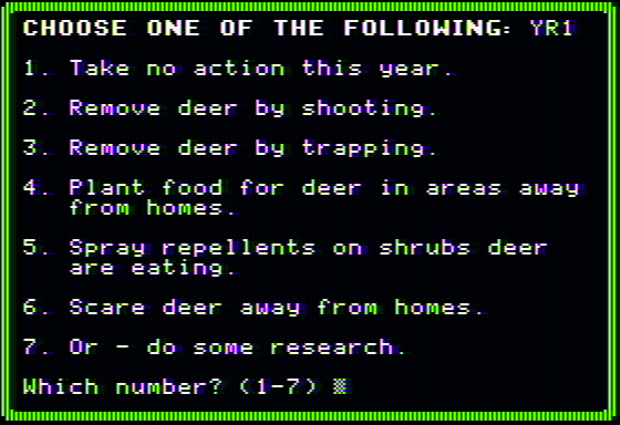 Oh, Deer! (Apple II) screenshot: Action menu