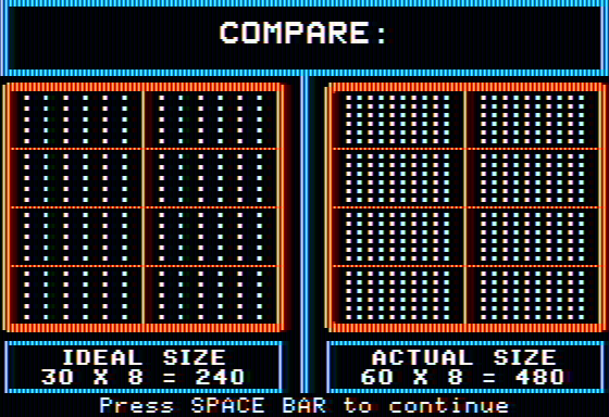 Oh, Deer! (Apple II) screenshot: Comparison of ideal and actual size