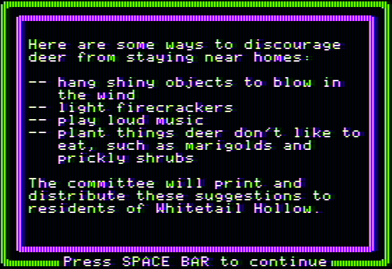 Oh, Deer! (Apple II) screenshot: Ways to scare away deer