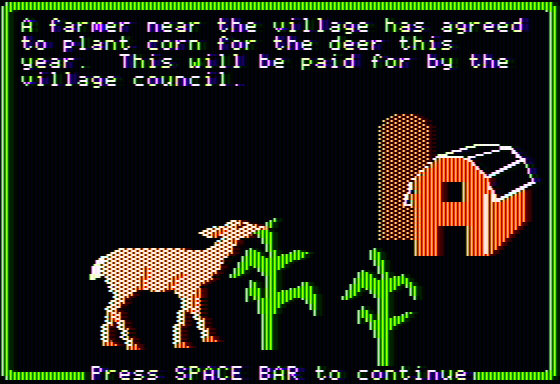 Oh, Deer! (Apple II) screenshot: Planting corn to lure the deer away