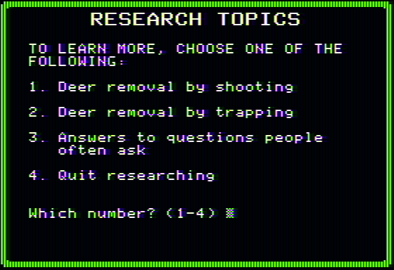 Oh, Deer! (Apple II) screenshot: Research topics