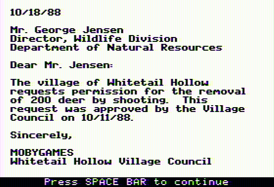 Oh, Deer! (Apple II) screenshot: Sending a shooting request