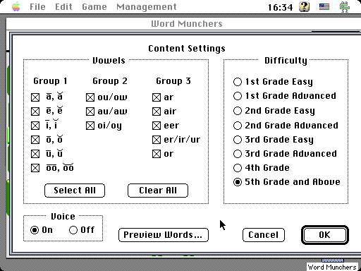 Word Munchers (Macintosh) screenshot: Management options (color)