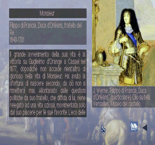 Versailles 1685 (PlayStation) screenshot: Philippe I, Duke of Orléans info