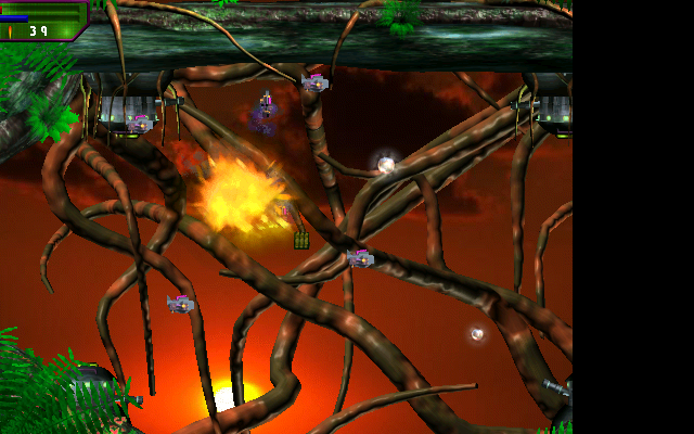 Fire Zone (Windows) screenshot: Destroyed by cannons (jumping and sliding in the left screen)