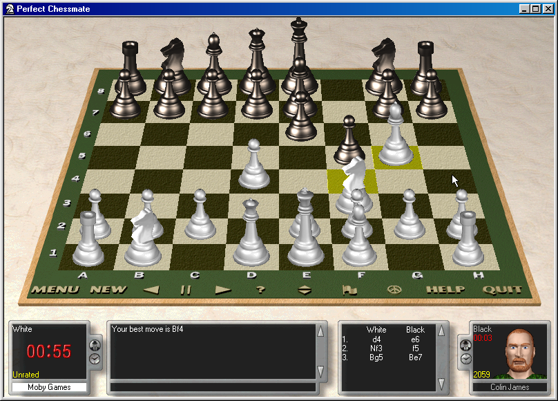 Perfect Chessmate (Windows) screenshot: The game's default board, pieces and opponent.