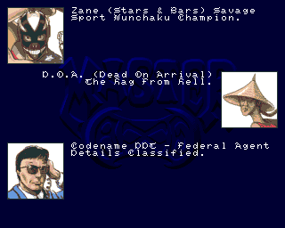 Master Axe: The Genesis of MysterX (Amiga) screenshot: Zane, DOA, DDC