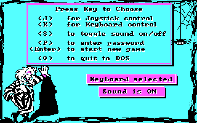 Adventures of Beetlejuice: Skeletons in the Closet (DOS) screenshot: Main menu (CGA)