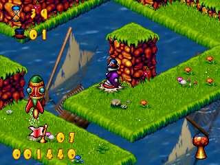 Whizz (SEGA Saturn) screenshot: Stomping on the button launches the rocket.