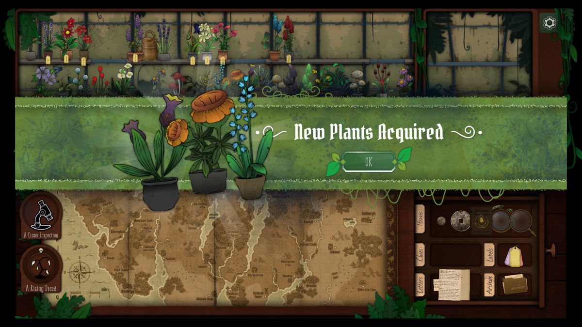 Strange Horticulture (Windows) screenshot: Finding a whole of three new plants.