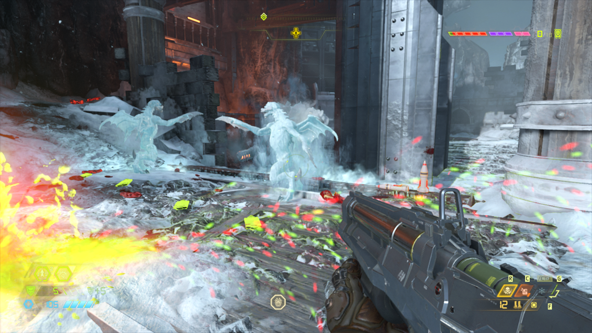Doom Eternal (Windows) screenshot: Getting armor and health from frozen enemies