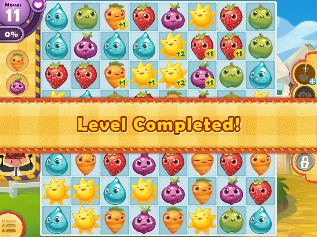 Farm Heroes Saga (iPad) screenshot: Level Completed! Bye, bye, Rancid!