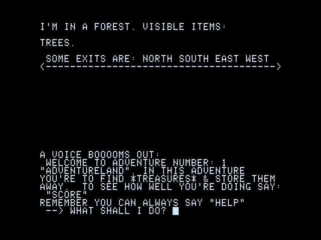 Adventureland (Apple II) screenshot: The adventure begins here as a voice booms out...