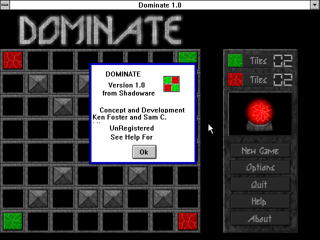 Dominate (Windows 3.x) screenshot: The main screen, click about for info
