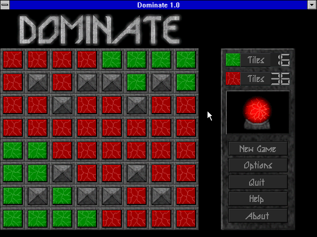 Dominate (Windows 3.x) screenshot: Green lost the game, CPU wins