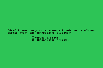 Everest Explorer (Atari 8-bit) screenshot: Preparing a New Climb or Saving One in Progress