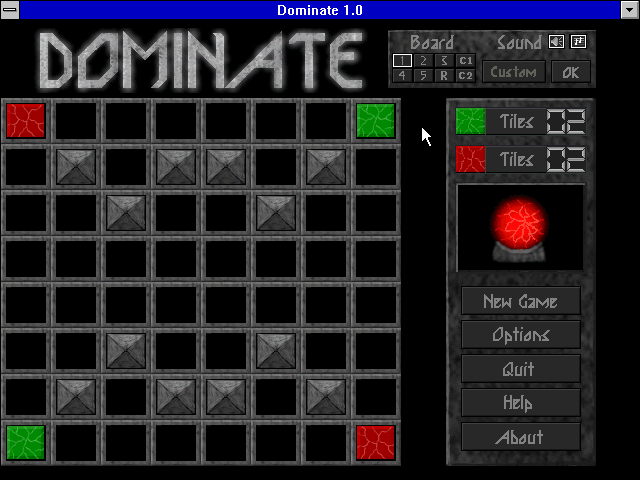 Dominate (Windows 3.x) screenshot: Click options for different board layouts, toggle sound and music