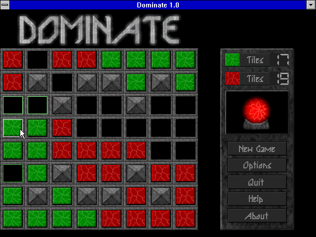 Dominate (Windows 3.x) screenshot: It's not going well for green, CPU player is dominating