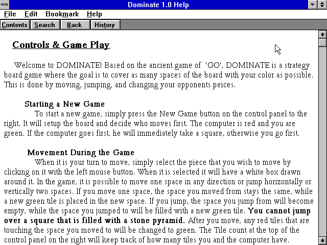 Dominate (Windows 3.x) screenshot: Click help for instructions