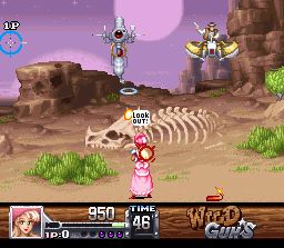 Wild Guns (SNES) screenshot: Desolation Canyon, complete with dino skeleton