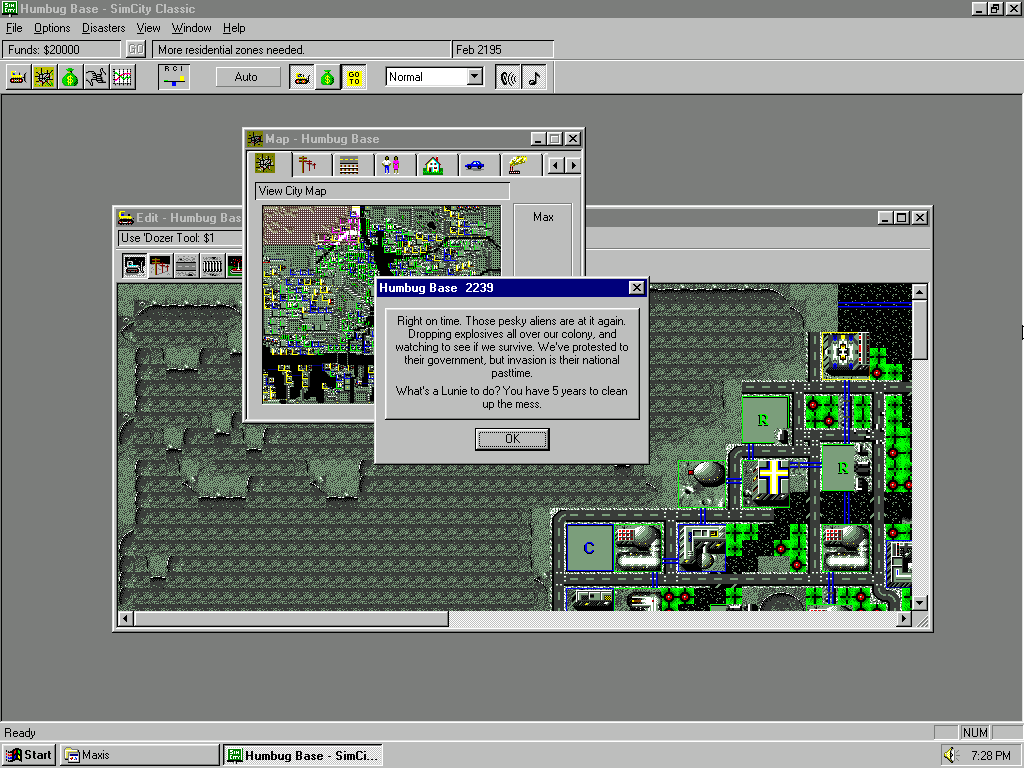 SimCity Classic (Windows) screenshot: The scenario description changes with the graphic set