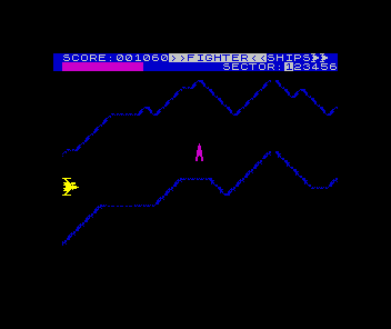 Cavern Fighter (ZX Spectrum) screenshot: Ingame - the two firing keys make it tough