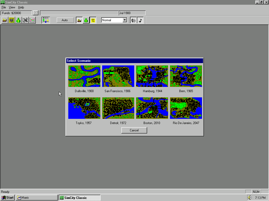 SimCity Classic (Windows) screenshot: Choose a scenario