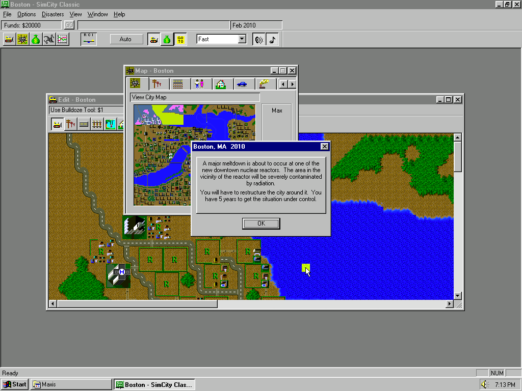 SimCity Classic (Windows) screenshot: Who doesn't remember the 2010 Boston meltdown?