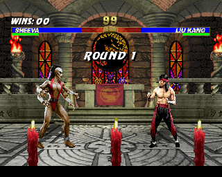 Mortal Kombat 3 (PlayStation) screenshot: Sheva versus Liu Kang