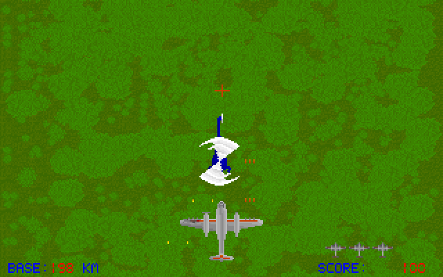 Bomber (DOS) screenshot: Here the bomber is partially damaged (left wing) by the helicopter, and can only shoot with the right wing guns, 3 red bullets per shot.