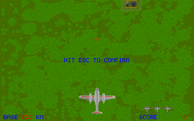 Bomber (DOS) screenshot: This is the starting point, the distance to the map/level end is on the left bottom, the three small planes on right are the number of 'lives', plus the score below.