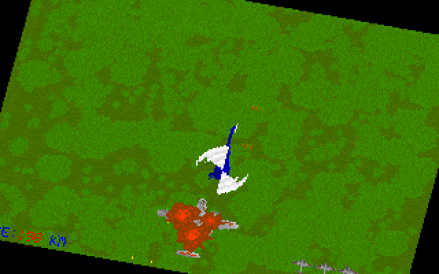 Bomber (DOS) screenshot: If your bomber gets destroyed, the screen starts rotating as it explodes, before continuing at the same spot with a new aircraft. (The rotation can be disabled in the options)