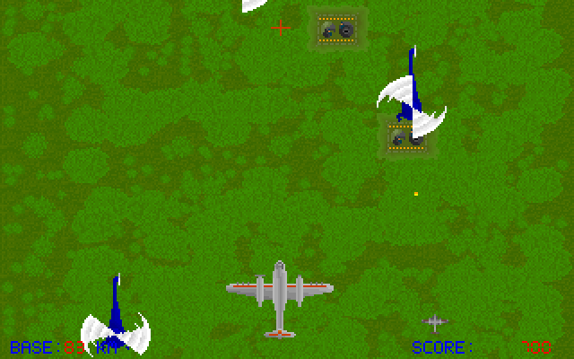 Bomber (DOS) screenshot: When you increase the speed, your plane stays in place, but the ground & enemies scroll down faster toward you. Also your bomb aim point moves up on the screen (the red cross-hair).