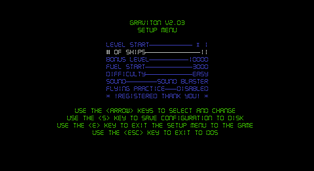 Graviton II (DOS) screenshot: The registered version, on the other hand, is a lot more tweakable.