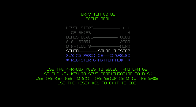 Graviton II (DOS) screenshot: The shareware version doesn't have many options to play with.