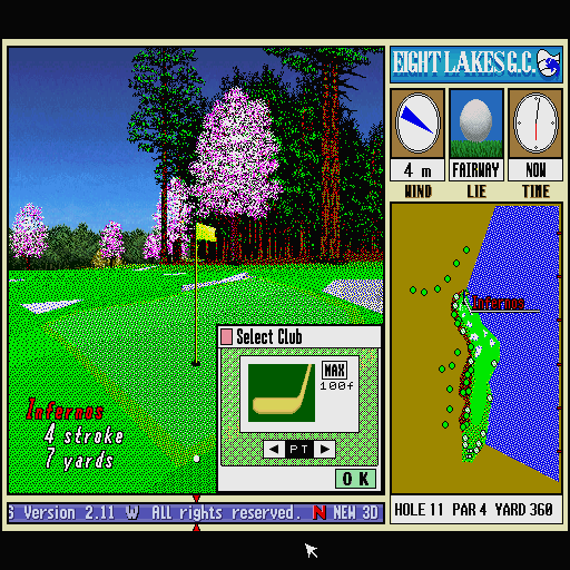 New 3D Golf Simulation: Eight Lakes G.C. (Sharp X68000) screenshot: Selecting a club