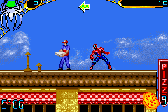 Spider-Man 2 (Game Boy Advance) screenshot: While players are always shown where to find the pizza guy, it's Spidey's job to locate the customers.