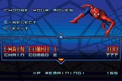 Spider-Man 2 (Game Boy Advance) screenshot: We can spend the points on skills and upgrades.