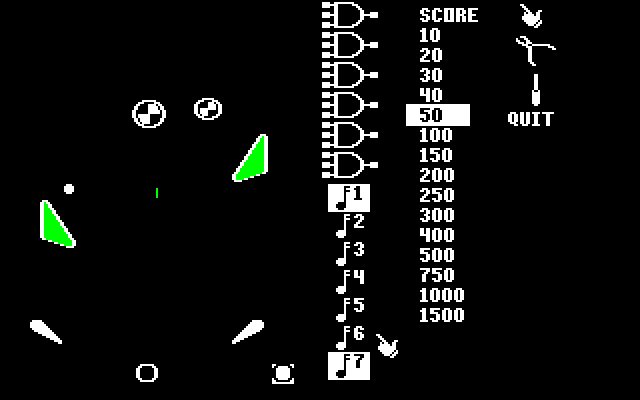 Pinball Construction Set (PC-88) screenshot: What thing makes which noise? The choice is yours, my friend.