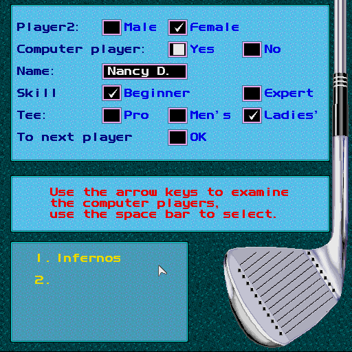 Jack Nicklaus presents The Major Championship Courses of 1989 (Sharp X68000) screenshot: The computer players have predetermined names, like Nancy D.