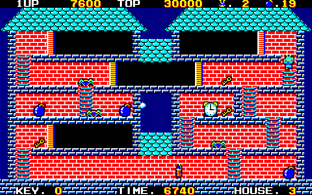 The Demon Crystal (PC-88) screenshot: House 3, the clock appears if you don't move a single step until the timer is down to 7000