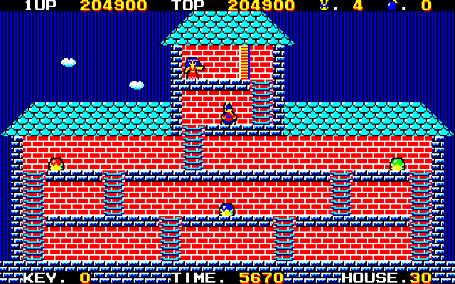 The Demon Crystal (PC-88) screenshot: Final house, rub against all the walls to make the green crystal appear, fire ALL your bombs against the door Chris is in to get the red crystal, blue one appears on its own after a certain time