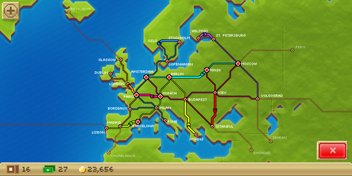 Pocket Trains (Android) screenshot: I just need to link Glasgow to Reykjavik and my coverage of Europe will be total.