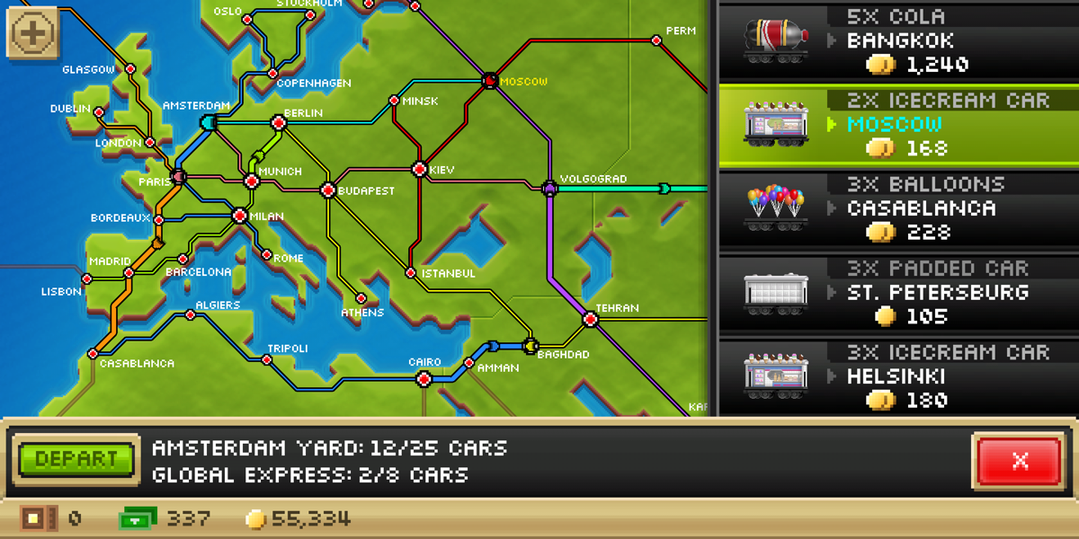 Pocket Trains (Android) screenshot: With Europe fully covered and Asia mostly, let's start building lines in Africa.