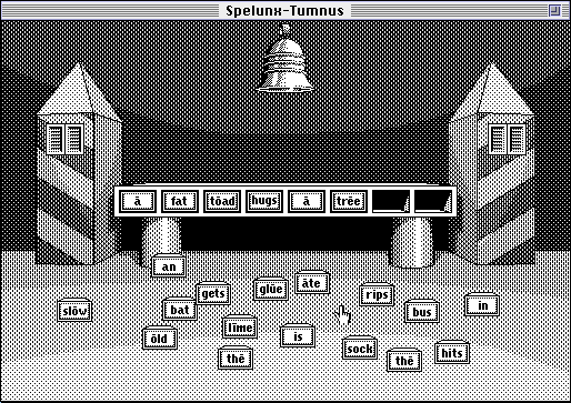 Spelunx and the Caves of Mr. Seudo (Macintosh) screenshot: Ring the bell to hear the sentence you've constructed spoken back to you!