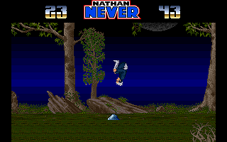 Nathan Never (Amiga) screenshot: Jumping over the obstacle
