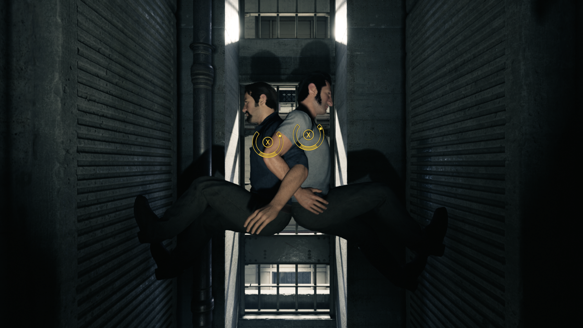 A Way Out (Windows) screenshot: Climbing the wall back-to-back. I wonder is it even possible for ordinary men in real life?
